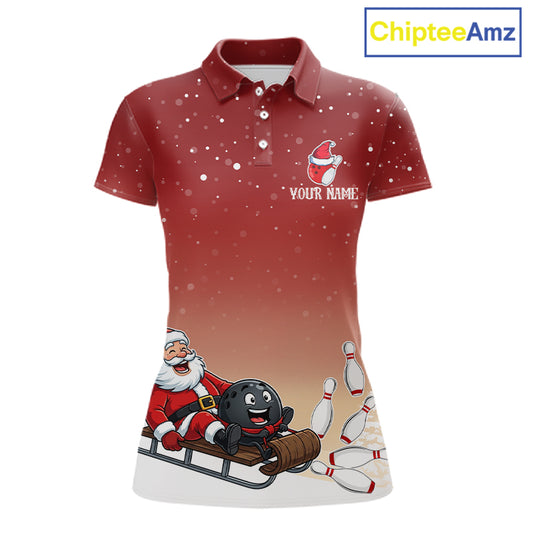 Red Funny Santa Christmas Bowling Polo, Quarter Zip Shirts For Women Custom Xmas Bowling Team Jersey TDM7547