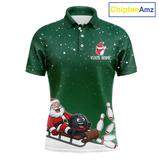 Green Funny Santa Christmas Bowling Polo, 1/4 Zip Shirts For Men Custom Xmas Bowling Team Jersey TDM7548