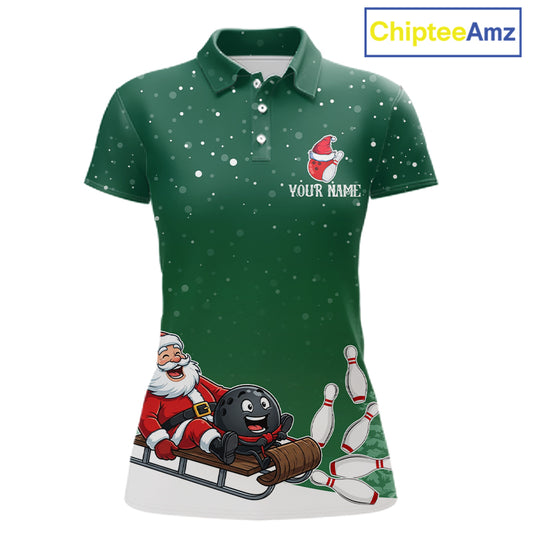 Green Funny Santa Christmas Bowling Polo, 1/4 Zip Shirts For Women Custom Xmas Bowling Team Jersey TDM7548