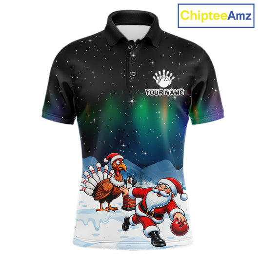 Funny Santa And Turkey Christmas Bowling Shirts For Men Custom Xmas Bowling Team Jersey TDM7549