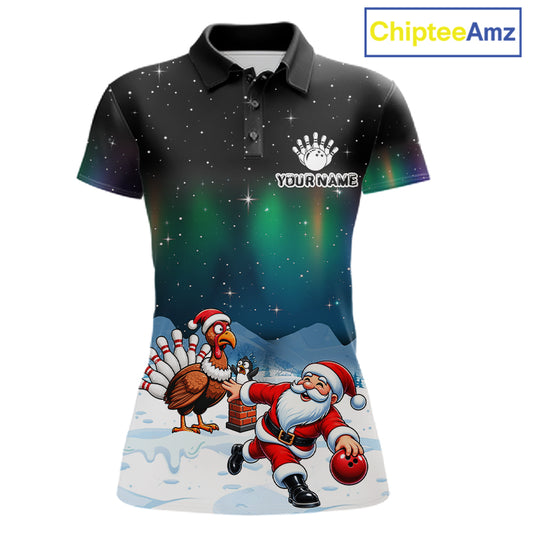 Funny Santa And Turkey Christmas Bowling Shirts For Women Custom Xmas Bowling Team Jersey TDM7549