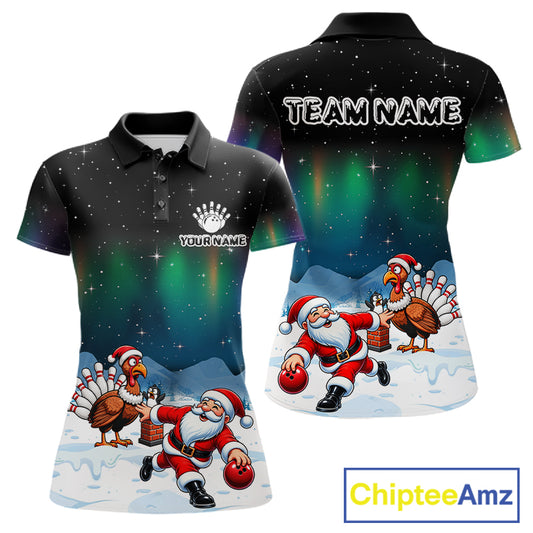 Funny Santa And Turkey Christmas Bowling Shirts For Women Custom Xmas Bowling Team Jersey TDM7549