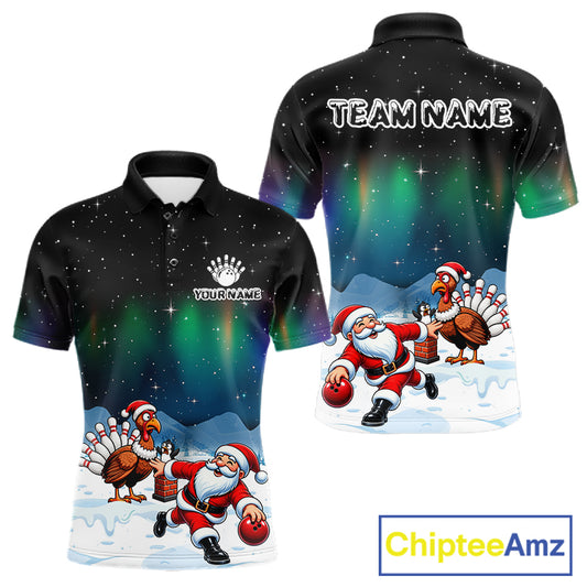 Funny Santa And Turkey Christmas Bowling Shirts For Men Custom Xmas Bowling Team Jersey TDM7549