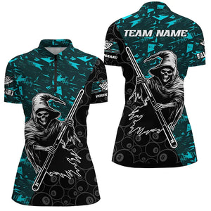 Personalized Cyan Abstract Death Skeleton Women Billiard Shirts, Halloween Scary Billiard Jerseys TDM2760