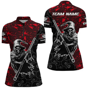 Personalized Red Abstract Death Skeleton Women Billiard Shirts, Halloween Scary Billiard Jerseys TDM2761