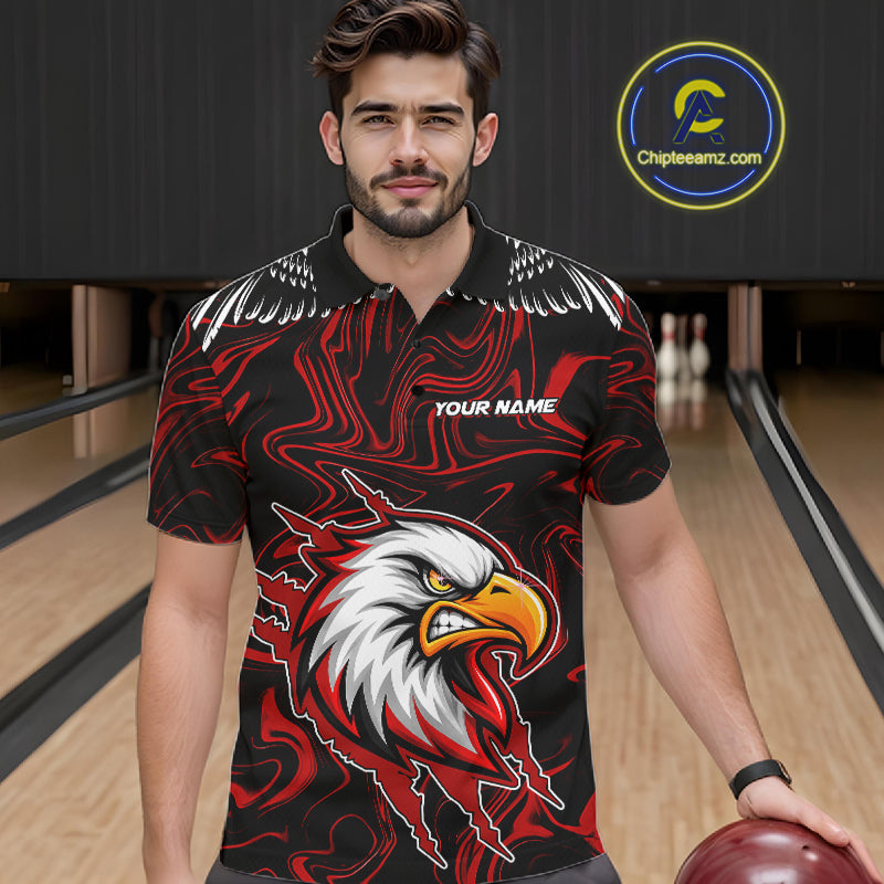 Black And Red Swirl Pattern Eagle Bowling Shirts For Men Custom Bowling Team Jersey Polo, 1/4 Zip TDM7906
