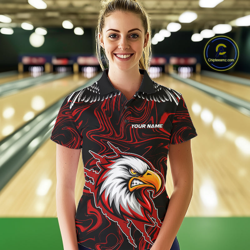 Black And Red Swirl Pattern Eagle Bowling Shirts For Women Custom Bowling Team Jersey Polo, 1/4 Zip TDM7906