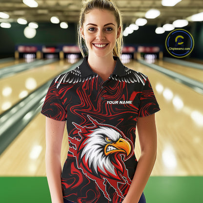 Black And Red Swirl Pattern Eagle Bowling Shirts For Women Custom Bowling Team Jersey Polo, 1/4 Zip TDM7906