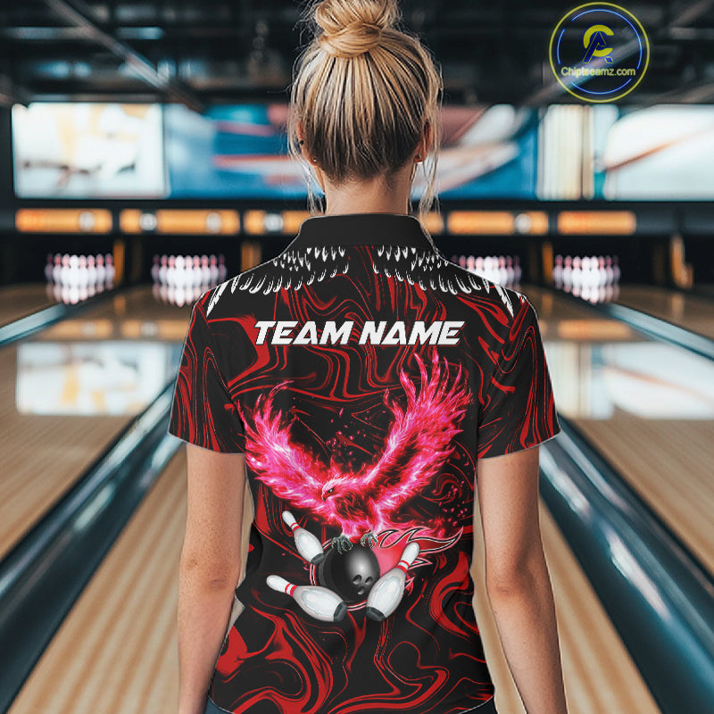 Black And Red Swirl Pattern Eagle Bowling Shirts For Women Custom Bowling Team Jersey Polo, 1/4 Zip TDM7906