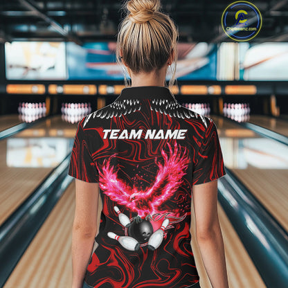 Black And Red Swirl Pattern Eagle Bowling Shirts For Women Custom Bowling Team Jersey Polo, 1/4 Zip TDM7906