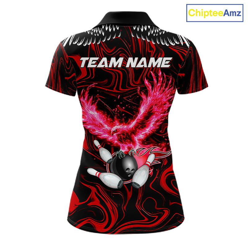 Black And Red Swirl Pattern Eagle Bowling Shirts For Women Custom Bowling Team Jersey Polo, 1/4 Zip TDM7906
