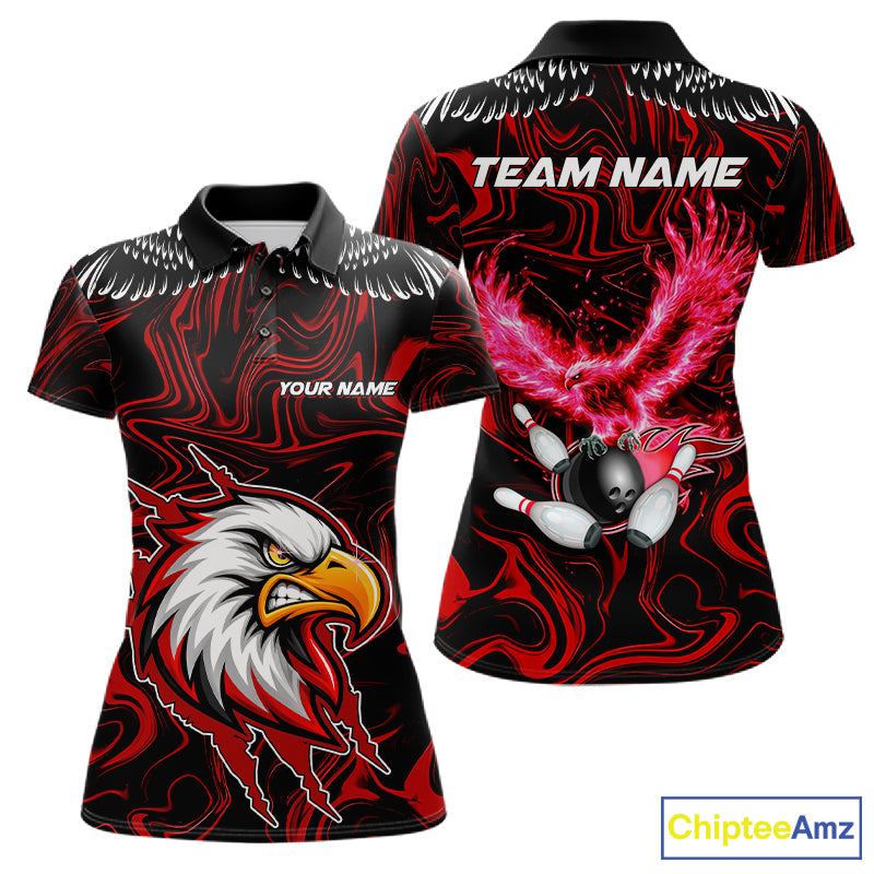 Black And Red Swirl Pattern Eagle Bowling Shirts For Women Custom Bowling Team Jersey Polo, 1/4 Zip TDM7906