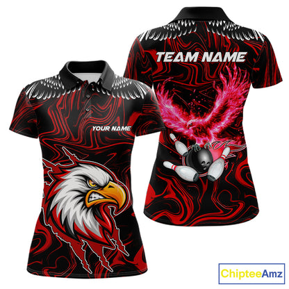 Black And Red Swirl Pattern Eagle Bowling Shirts For Women Custom Bowling Team Jersey Polo, 1/4 Zip TDM7906
