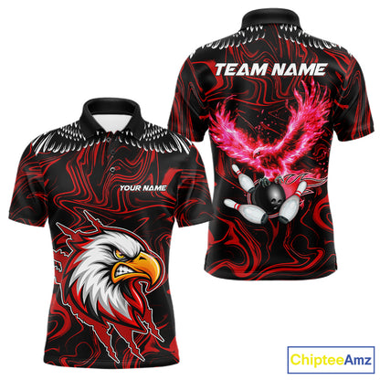 Black And Red Swirl Pattern Eagle Bowling Shirts For Men Custom Bowling Team Jersey Polo, 1/4 Zip TDM7906