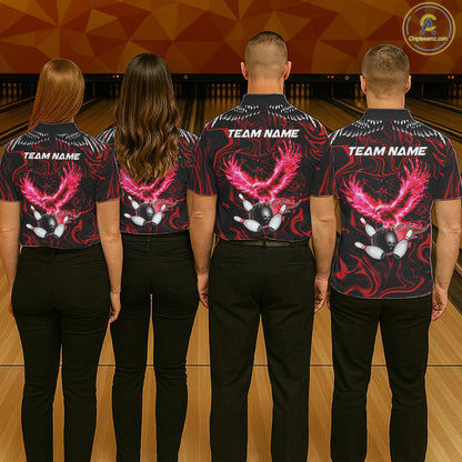 Black And Red Swirl Pattern Eagle Bowling Shirts For Women Custom Bowling Team Jersey Polo, 1/4 Zip TDM7906