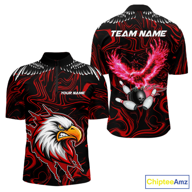 Black And Red Swirl Pattern Eagle Bowling Shirts For Men Custom Bowling Team Jersey Polo, 1/4 Zip TDM7906