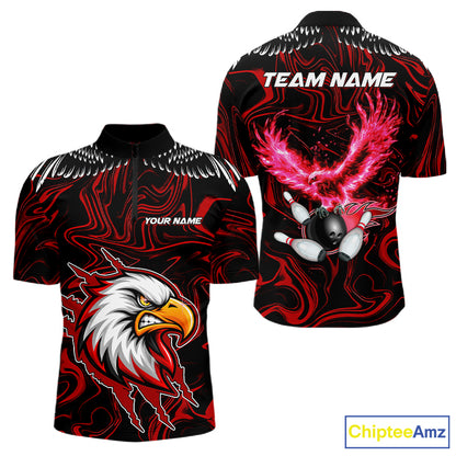 Black And Red Swirl Pattern Eagle Bowling Shirts For Men Custom Bowling Team Jersey Polo, 1/4 Zip TDM7906