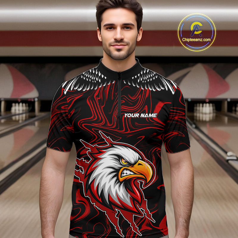 Black And Red Swirl Pattern Eagle Bowling Shirts For Men Custom Bowling Team Jersey Polo, 1/4 Zip TDM7906