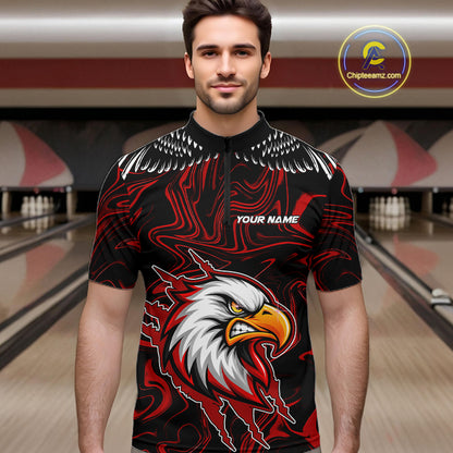 Black And Red Swirl Pattern Eagle Bowling Shirts For Men Custom Bowling Team Jersey Polo, 1/4 Zip TDM7906