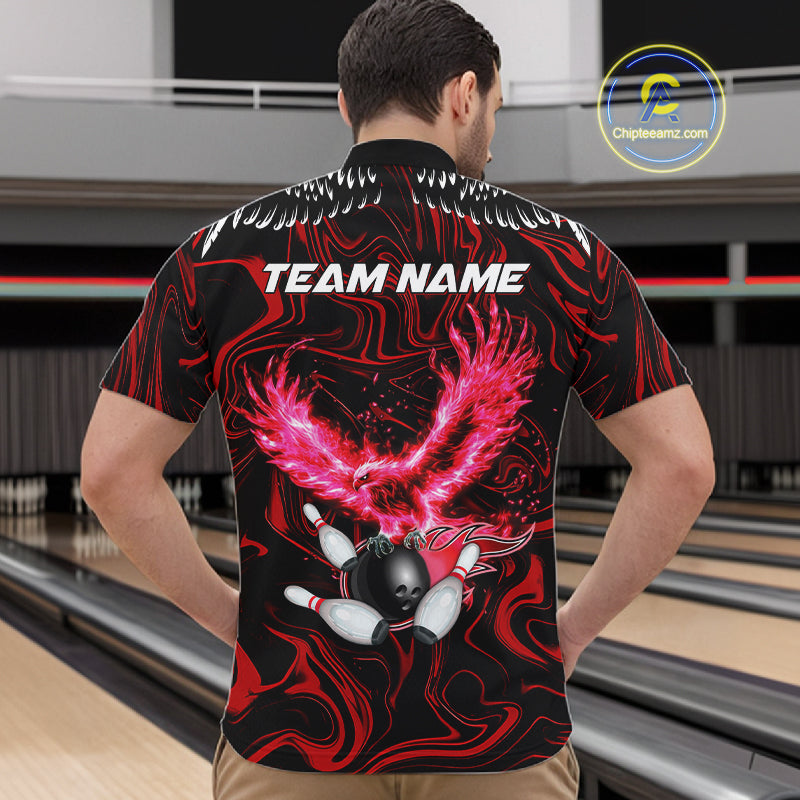 Black And Red Swirl Pattern Eagle Bowling Shirts For Men Custom Bowling Team Jersey Polo, 1/4 Zip TDM7906