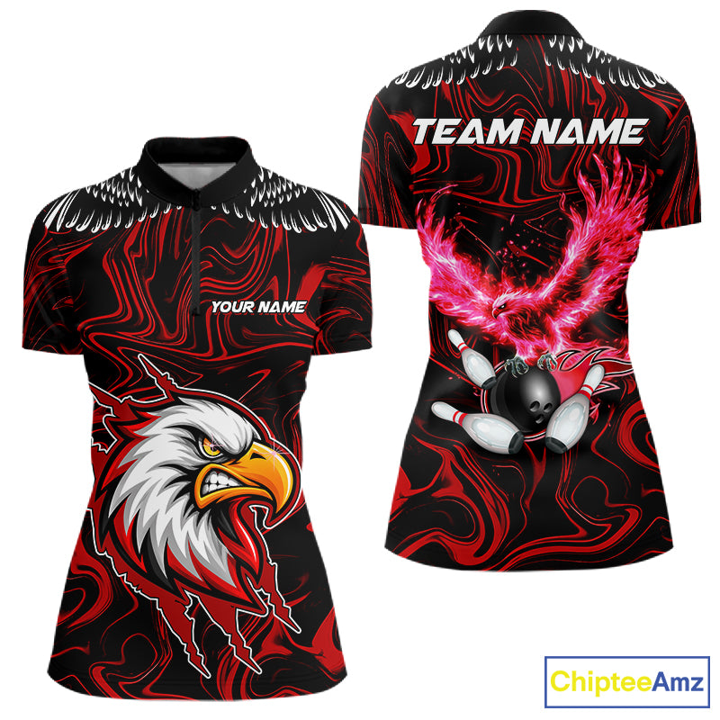 Black And Red Swirl Pattern Eagle Bowling Shirts For Women Custom Bowling Team Jersey Polo, 1/4 Zip TDM7906