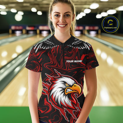 Black And Red Swirl Pattern Eagle Bowling Shirts For Women Custom Bowling Team Jersey Polo, 1/4 Zip TDM7906