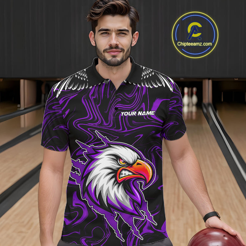 Black And Purple Swirl Pattern Eagle Bowling Shirts For Men Custom Bowling League Team Jersey TDM7907