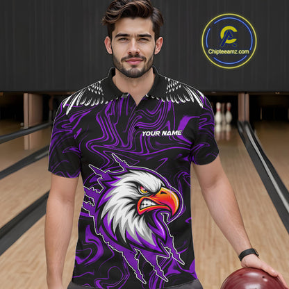 Black And Purple Swirl Pattern Eagle Bowling Shirts For Men Custom Bowling League Team Jersey TDM7907