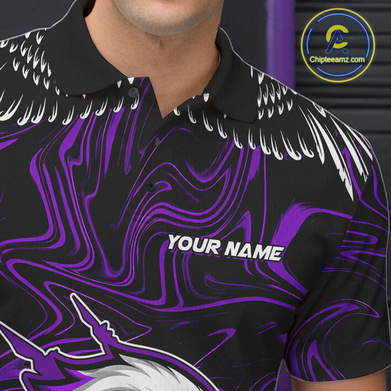 Black And Purple Swirl Pattern Eagle Bowling Shirts For Men Custom Bowling League Team Jersey TDM7907