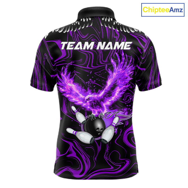 Black And Purple Swirl Pattern Eagle Bowling Shirts For Men Custom Bowling League Team Jersey TDM7907