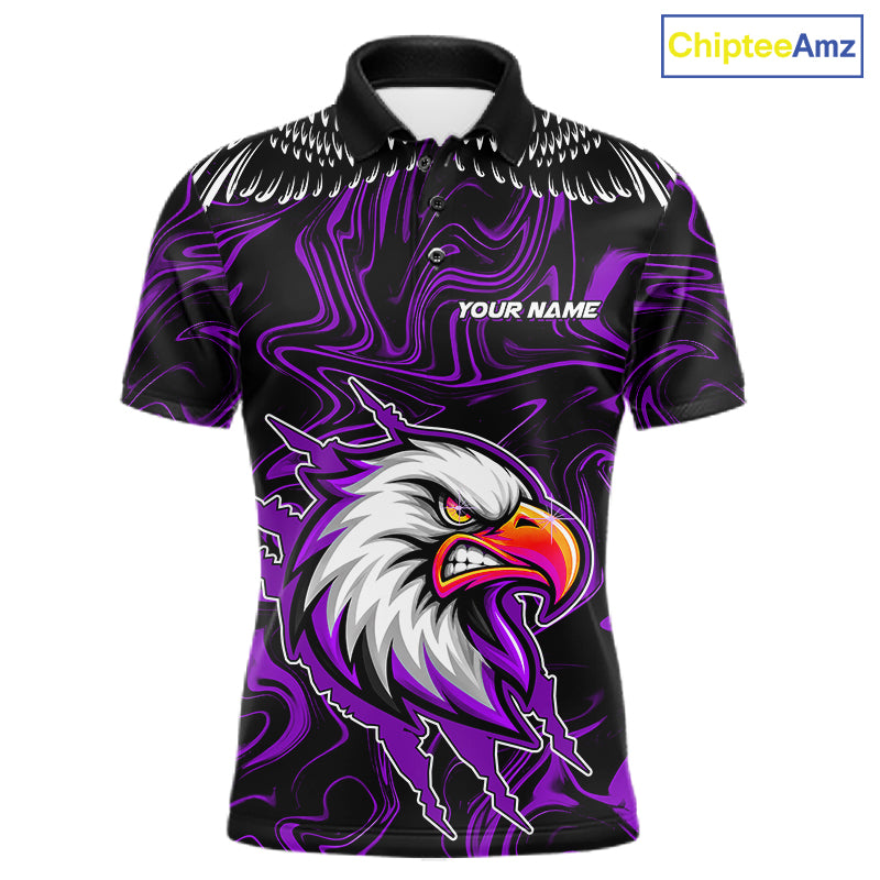 Black And Purple Swirl Pattern Eagle Bowling Shirts For Men Custom Bowling League Team Jersey TDM7907