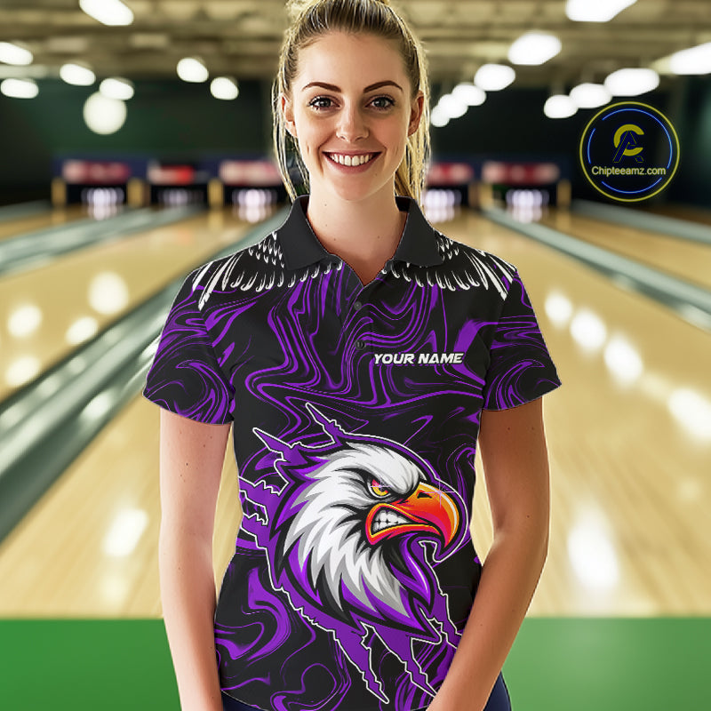 Black And Purple Swirl Pattern Eagle Bowling Shirts For Women Custom Bowling League Team Jersey TDM7907