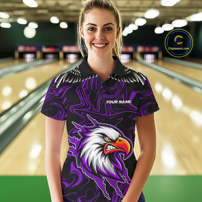 Black And Purple Swirl Pattern Eagle Bowling Shirts For Women Custom Bowling League Team Jersey TDM7907