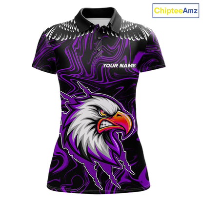 Black And Purple Swirl Pattern Eagle Bowling Shirts For Women Custom Bowling League Team Jersey TDM7907