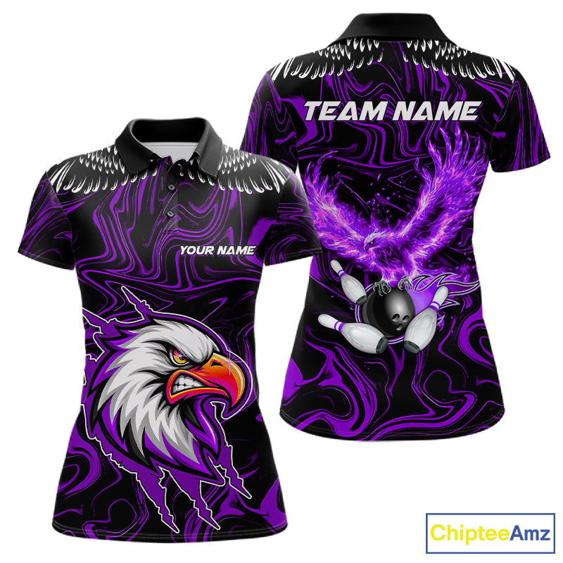 Black And Purple Swirl Pattern Eagle Bowling Shirts For Women Custom Bowling League Team Jersey TDM7907