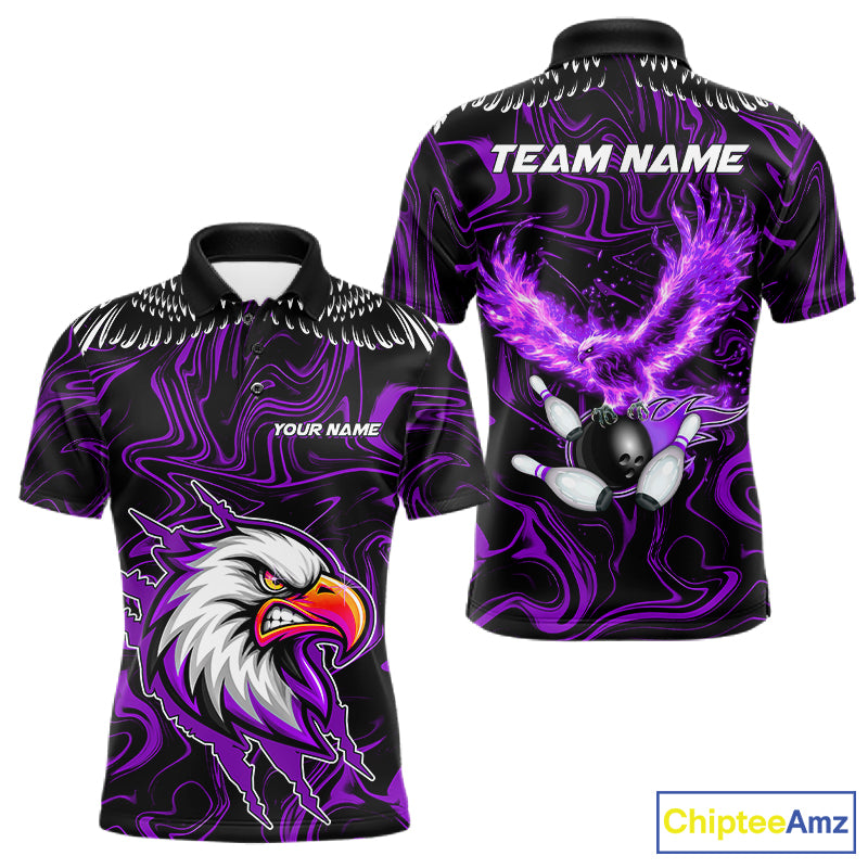 Black And Purple Swirl Pattern Eagle Bowling Shirts For Men Custom Bowling League Team Jersey TDM7907