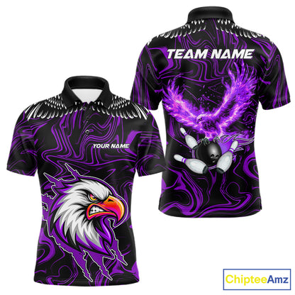 Black And Purple Swirl Pattern Eagle Bowling Shirts For Men Custom Bowling League Team Jersey TDM7907