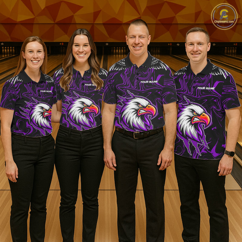 Black And Purple Swirl Pattern Eagle Bowling Shirts For Men Custom Bowling League Team Jersey TDM7907