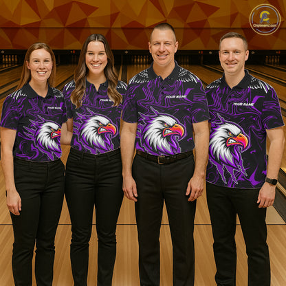 Black And Purple Swirl Pattern Eagle Bowling Shirts For Men Custom Bowling League Team Jersey TDM7907