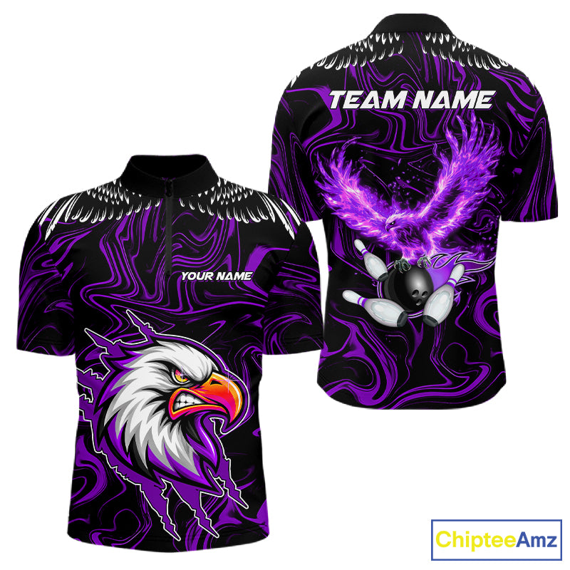 Black And Purple Swirl Pattern Eagle Bowling Shirts For Men Custom Bowling League Team Jersey TDM7907