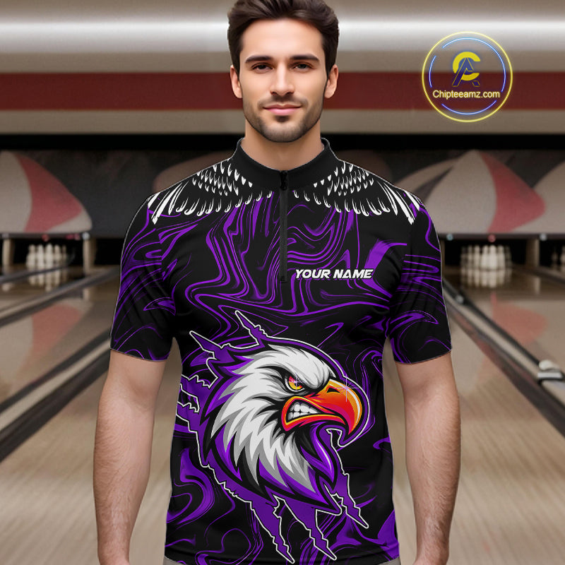 Black And Purple Swirl Pattern Eagle Bowling Shirts For Men Custom Bowling League Team Jersey TDM7907