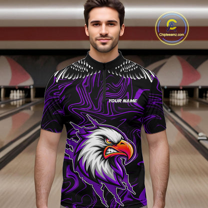 Black And Purple Swirl Pattern Eagle Bowling Shirts For Men Custom Bowling League Team Jersey TDM7907