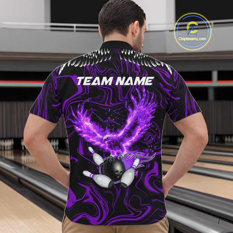 Black And Purple Swirl Pattern Eagle Bowling Shirts For Men Custom Bowling League Team Jersey TDM7907