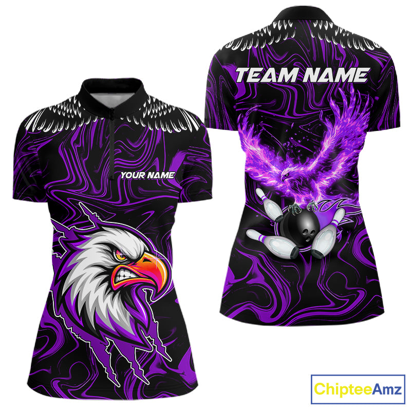 Black And Purple Swirl Pattern Eagle Bowling Shirts For Women Custom Bowling League Team Jersey TDM7907