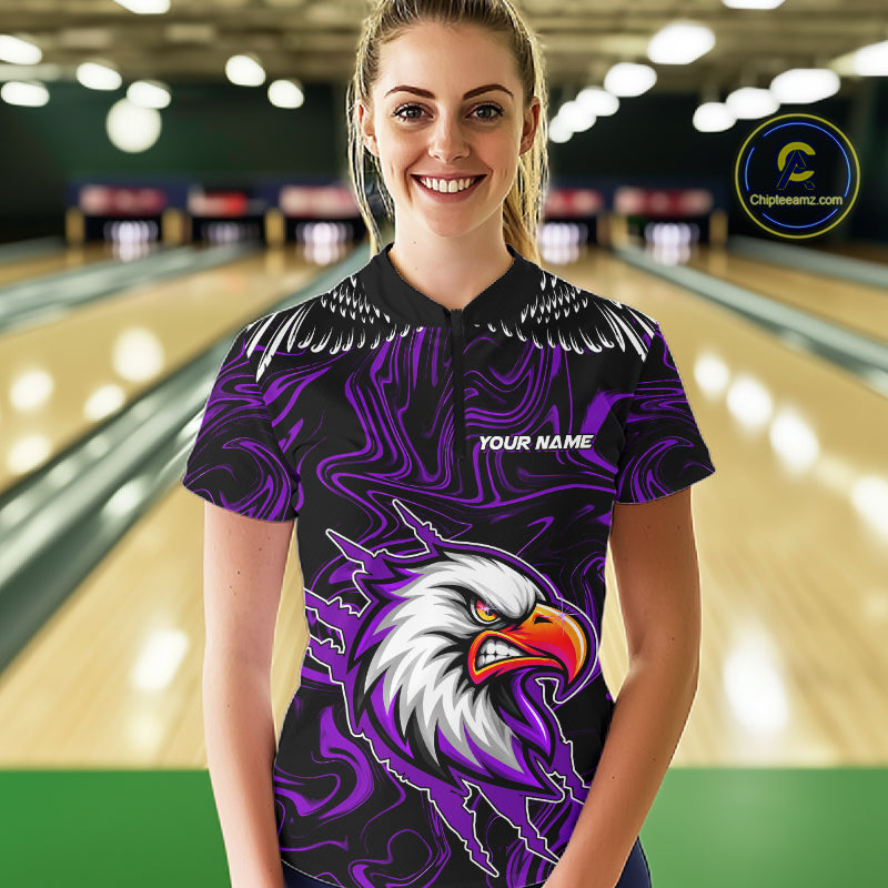 Black And Purple Swirl Pattern Eagle Bowling Shirts For Women Custom Bowling League Team Jersey TDM7907