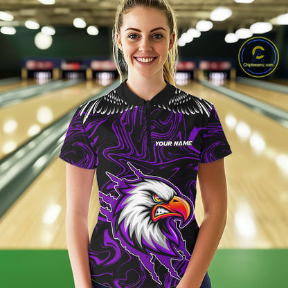 Black And Purple Swirl Pattern Eagle Bowling Shirts For Women Custom Bowling League Team Jersey TDM7907