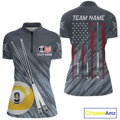 Personalized Billiard US Flag 9 Ball Pool Shirt For Women, Billiard Team Jersey Polo & 1/4 Zip TDM5218