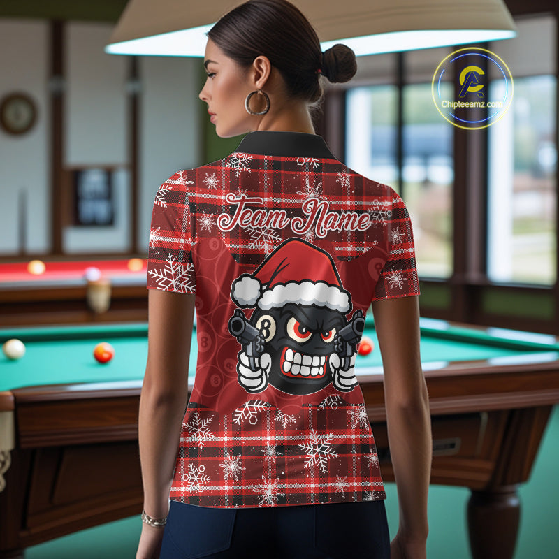 Funny Santa 8 Ball Pool Women's Billiard Shirt Custom Red Plaid Snowflake Christmas Billiard Jersey TDM5223