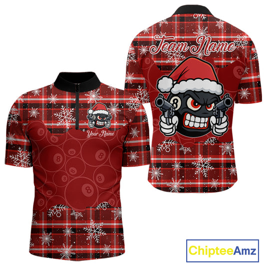 Funny Santa 8 Ball Pool Men's Billiard Shirt Custom Red Plaid Snowflake Christmas Billiard Jersey TDM5223