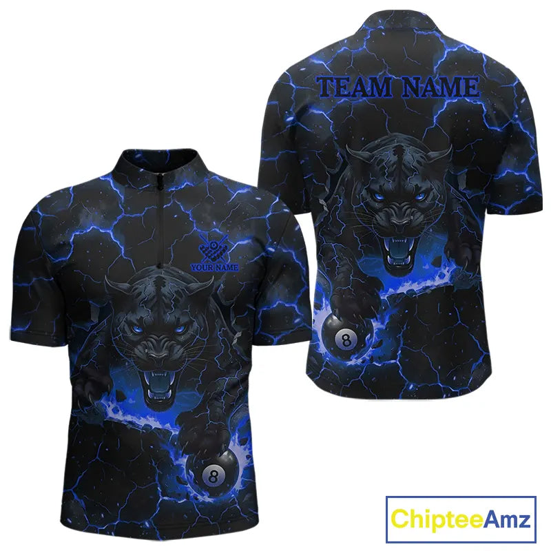 Blue 8 Ball Panther Fire Billiard Shirt For Men Custom Pool Team Shirt, Billiard League Jersey TDM5484